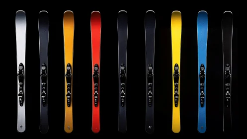 Colorful ski collection lined up for downhill adventures.