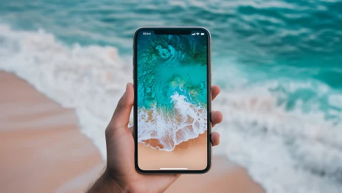 Hand holds coastal paradise: turquoise waves meet sandy shore.