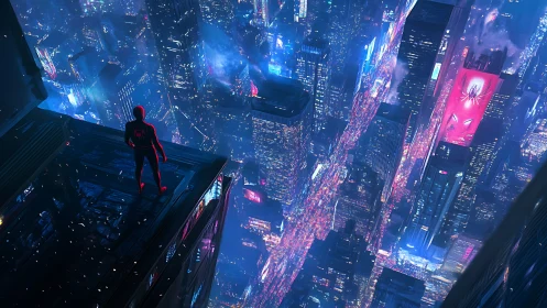 Neon-clad vigilante surveys tilted cyberpunk megacity grid