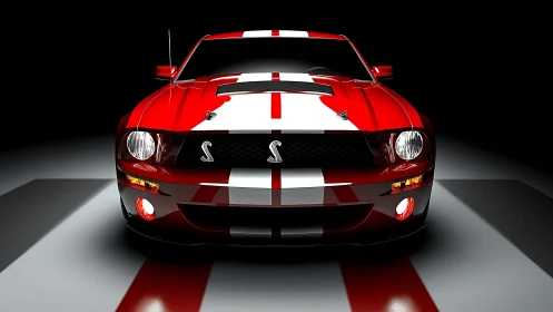 Red racing muscle car front view with bold white stripes.