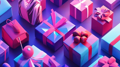 Colorful 3D gift boxes glow under neon pink and blue light