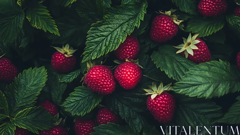Raspberry constellations tucked in midnight garden leaves.