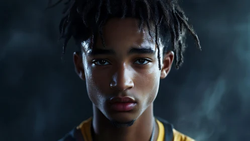 Sweat-dappled young athlete stares into moody studio light
