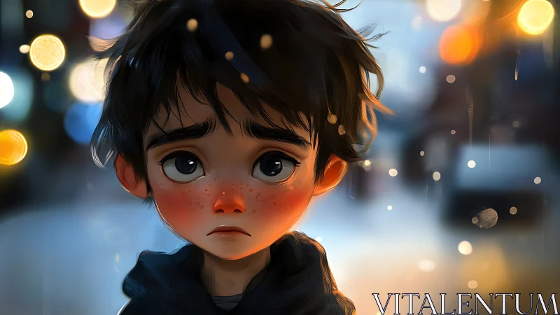 Melancholic boy portrait in bokeh-lit winter street scene.