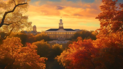 Golden-hour campus hall framed by glowing autumn trees.
