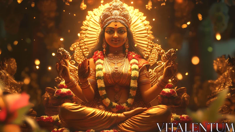 Luminous multi-armed goddess idol under ritualistic warm bokeh.