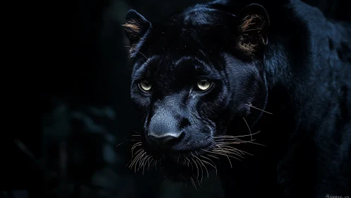 Black Panther's Piercing Gaze Against Dark Background.