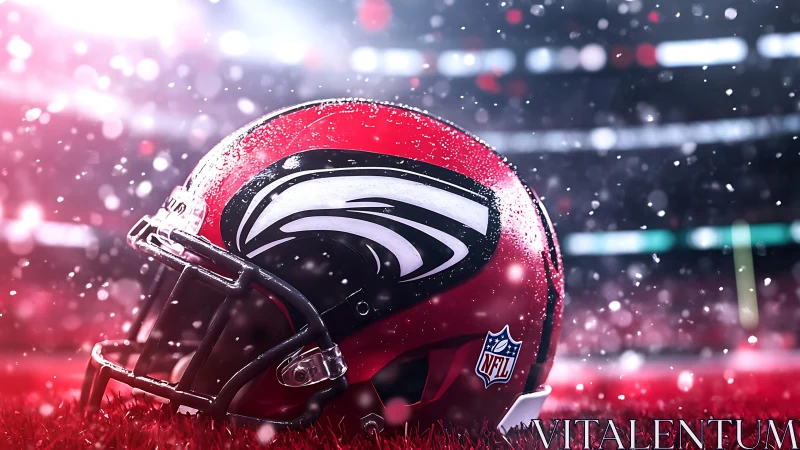 Red NFL football helmet glows under stadium snowlights.