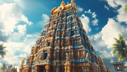 Ornate South Indian temple tower rises under bright sky