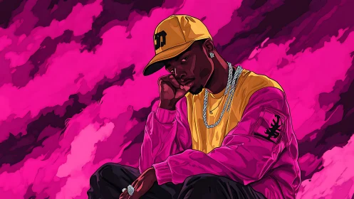 Stylized rapper portrait in bold magenta palette with cel shading