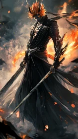 Fiery sword warrior in black robes amid burning embers.