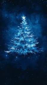Celestial blue Christmas tree under a radiant starry sky.