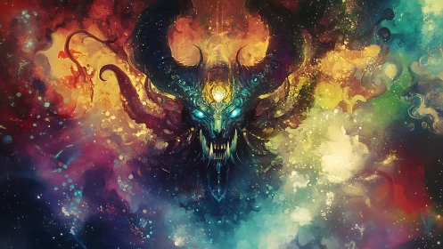 Cosmic horned guardian rising from swirling nebulae.
