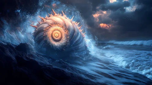 Tidal spiral leviathan ignites a storm-lit cosmic shoreline.