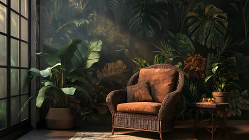 Rattan lounge chair in moody botanical interior lighting design.