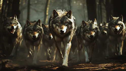 Wolf pack advancing through dim forest environment.