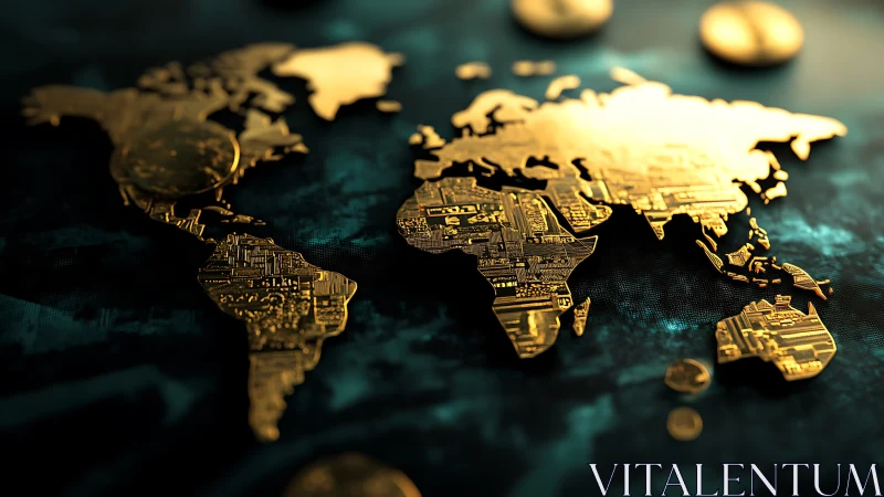 Golden world map with circuit board textures on teal surface.
