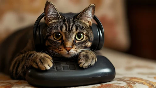 Tabby Cat with Headphones Operating Gaming Console Controller.