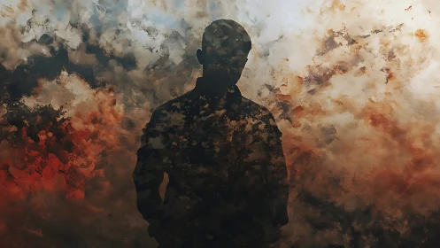 Silhouetted figure dissolving into warm abstract storm clouds.