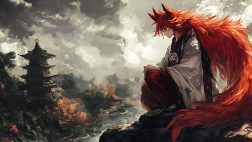 Fox spirit guardian gazes over a stormy mountain shrine