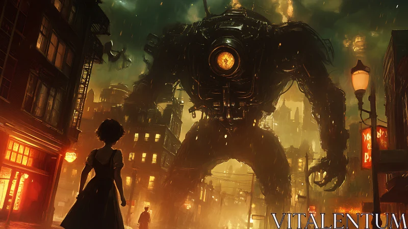 Gigantic steampunk mech confronts lone figure in rain-soaked street