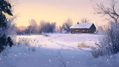 Cozy winter cabin glowing under a quiet pastel snowfall.