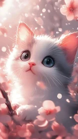 White Cat with Heterochromia Amid Blossoms and Bokeh