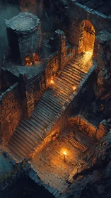 Warm torchlit stairway leading into a mysterious fortress.