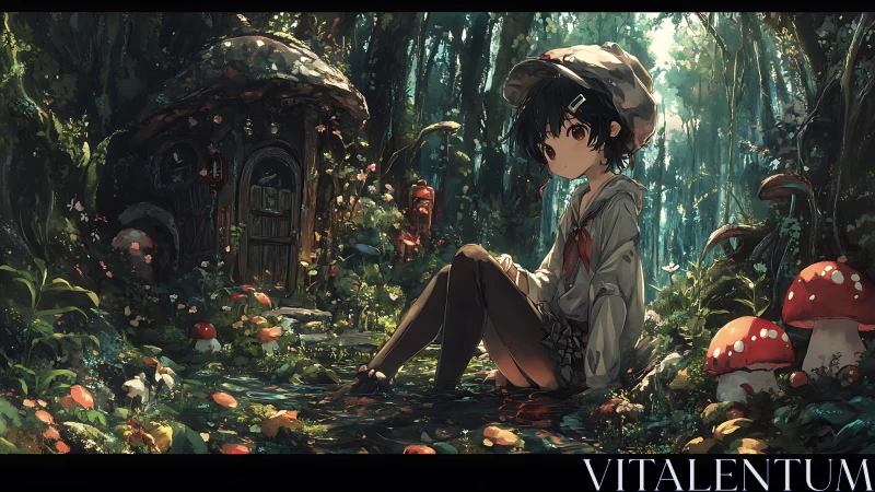 Girl rests in luminous mushroom forest beside tiny cottage