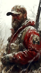Snow‑coated tactical hunter in red parka with scoped rifle.