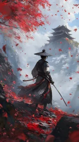 Lone samurai surveys distant mountain temple amid scarlet leaves
