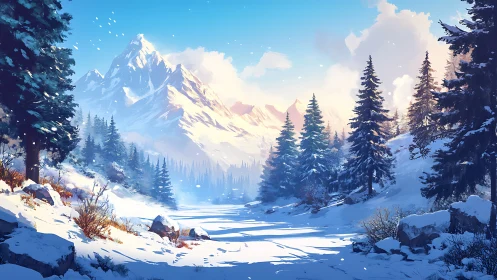 Snow covered conifer forest below distant alpine mountains.