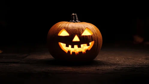 Glowing jack-o’-lantern smiles on a dark Halloween night.