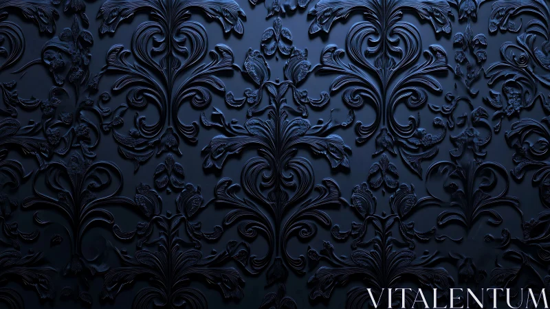 Baroque floral relief pattern rendered in deep blue low-key lighting