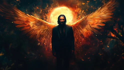 Stoic winged guardian framed by a glowing lunar firestorm.