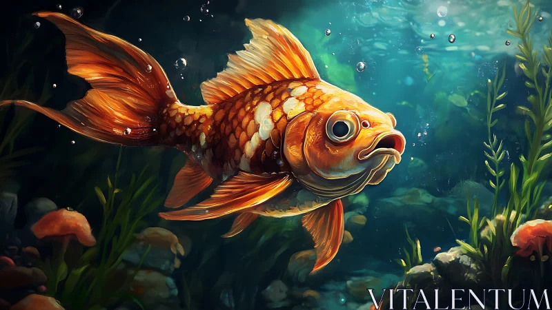 Golden fish swims through detailed underwater plants