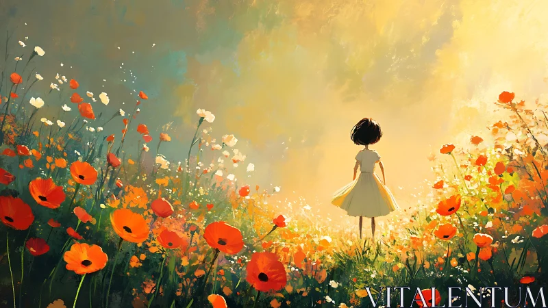 Luminous wildflower field with solitary child in backlit bloom.