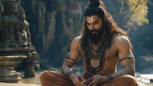 Ascetic yogi in temple courtyard under directional daylight.