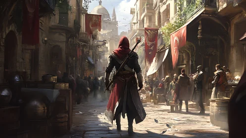 Hooded rogue strides through sunlit bazaar of whispered plots.