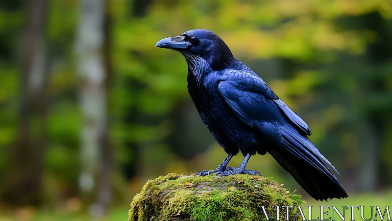 Majestic raven perched on mossy rock in vibrant forest setting.
