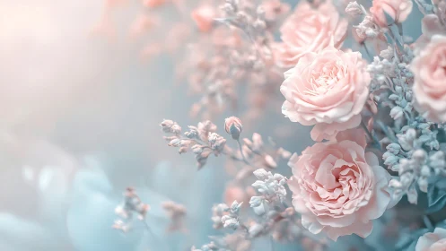 Soft focus close-up of pastel pink roses and buds.