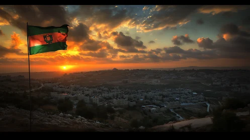 Sunlit flag overlooks hillside city beneath a glowing sunset sky