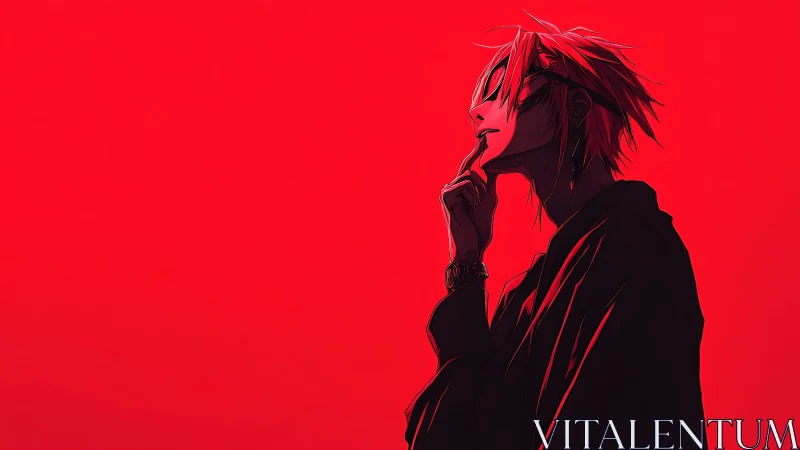 Sunglassed rebel in crimson quiet, caught mid-thought.