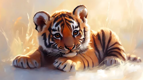 Gentle tiger cub rests in glowing, painterly sunlight.
