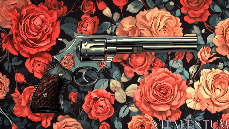 Chrome revolver resting amid lush, painterly roses.