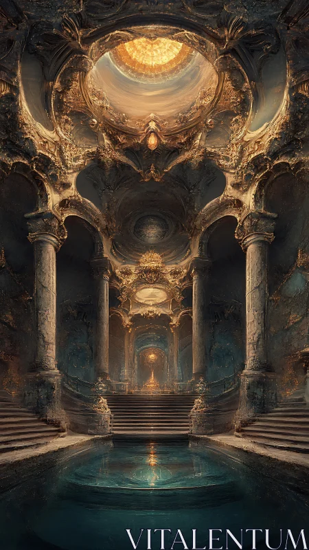 Ornate vaulted hall with baroque columns and luminous domed oculus