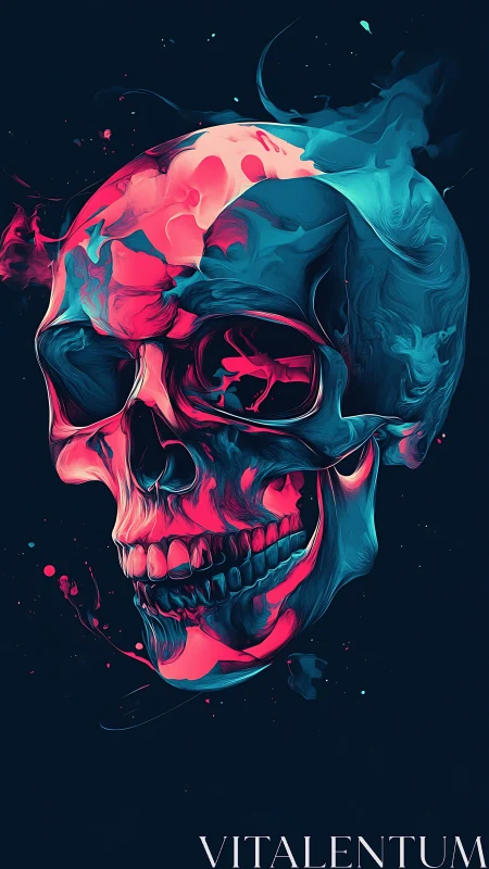 Neon blue and pink skull digital art on dark background.
