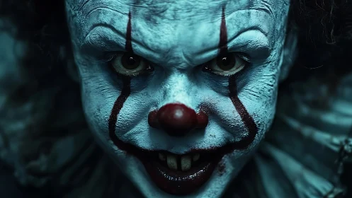 Macro close-up of sinister clown face with high-contrast makeup and glare