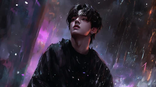 Male figure in dark clothing amid abstract neon rain scene.
