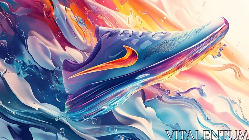 Color-splashed running shoe floats through liquid light waves